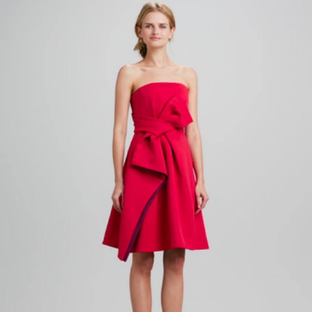 Halston Heritage Strapless Colorblock Bow Dress